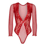tuta erotica bodystocking intero rosso fuoco a maglie larghe see through con maniche lunghe e profonda scollatura a v sul davanti Scarlet V-Neck Net Body macro porosità strutturale zero soft touch