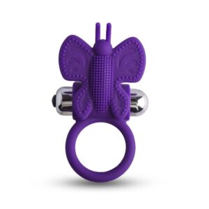 anello fallico vibrante in silicone viola elastico con appendice a farfalla per stimolazione clitoridea di coppia Butterfly Kinetic Shape calzata classica