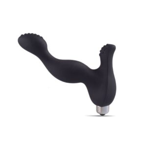 stimolatore prostatico vibrante in silicone flessibile nero con bullet a batteria bottone e base flangiata di sicurezza Vibe Prostate Pod calzata classica