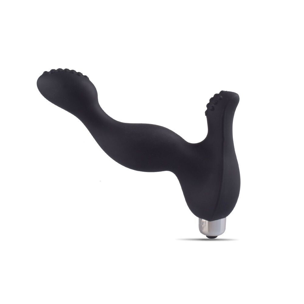 stimolatore prostatico vibrante in silicone flessibile nero con bullet a batteria bottone e base flangiata di sicurezza Vibe Prostate Pod calzata classica