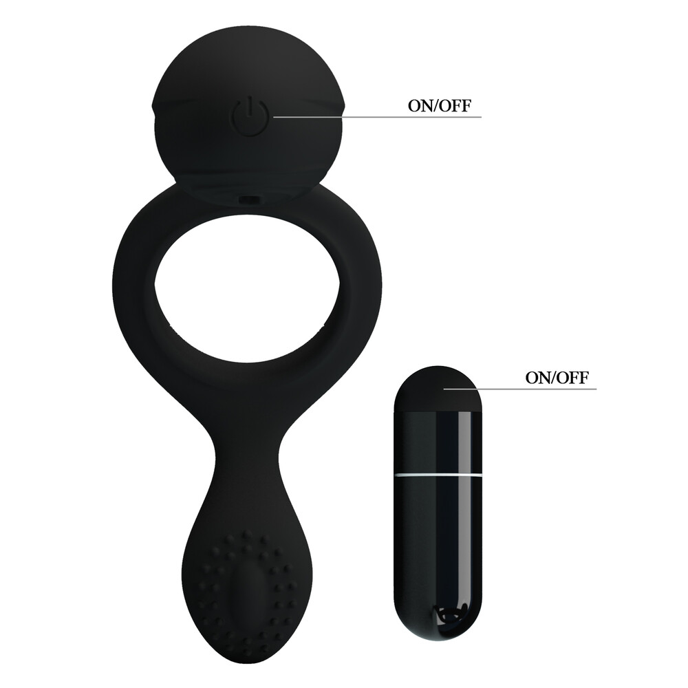 anello fallico vibrante in silicone elastico fucsia con micro rilievi stimolanti e bullet motorizzato removibile a bottone Ethel Kinetic Vista vista prospettica sul letto