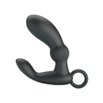 stimolatore prostatico in silicone nero ricurvo con rilievi perineali esterni ed impugnatura inferiore ad anello Cayla Pulse Orion dettaglio fusto anatomico