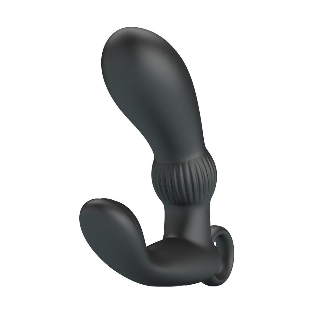 stimolatore prostatico in silicone nero ricurvo con rilievi perineali esterni ed impugnatura inferiore ad anello Cayla Pulse Orion calzata classica