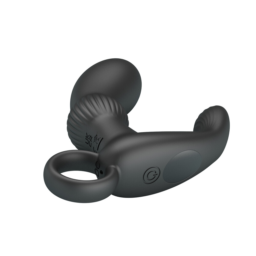 stimolatore prostatico in silicone nero ricurvo con rilievi perineali esterni ed impugnatura inferiore ad anello Cayla Pulse Orion focus rilievi perineali base