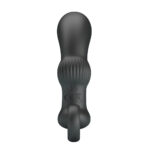 stimolatore prostatico in silicone nero ricurvo con rilievi perineali esterni ed impugnatura inferiore ad anello Cayla Pulse Orion focus tasto comandi stagno