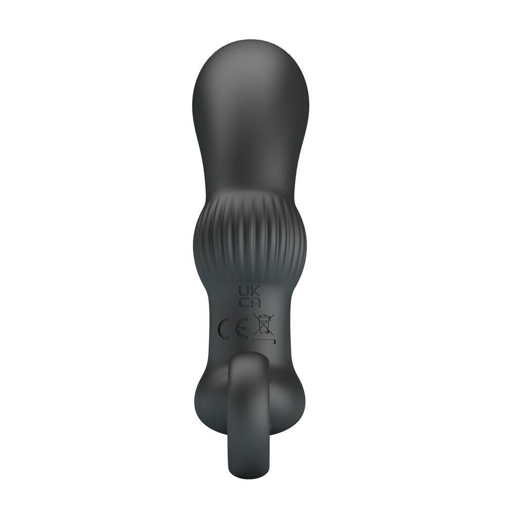 stimolatore prostatico in silicone nero ricurvo con rilievi perineali esterni ed impugnatura inferiore ad anello Cayla Pulse Orion focus tasto comandi stagno