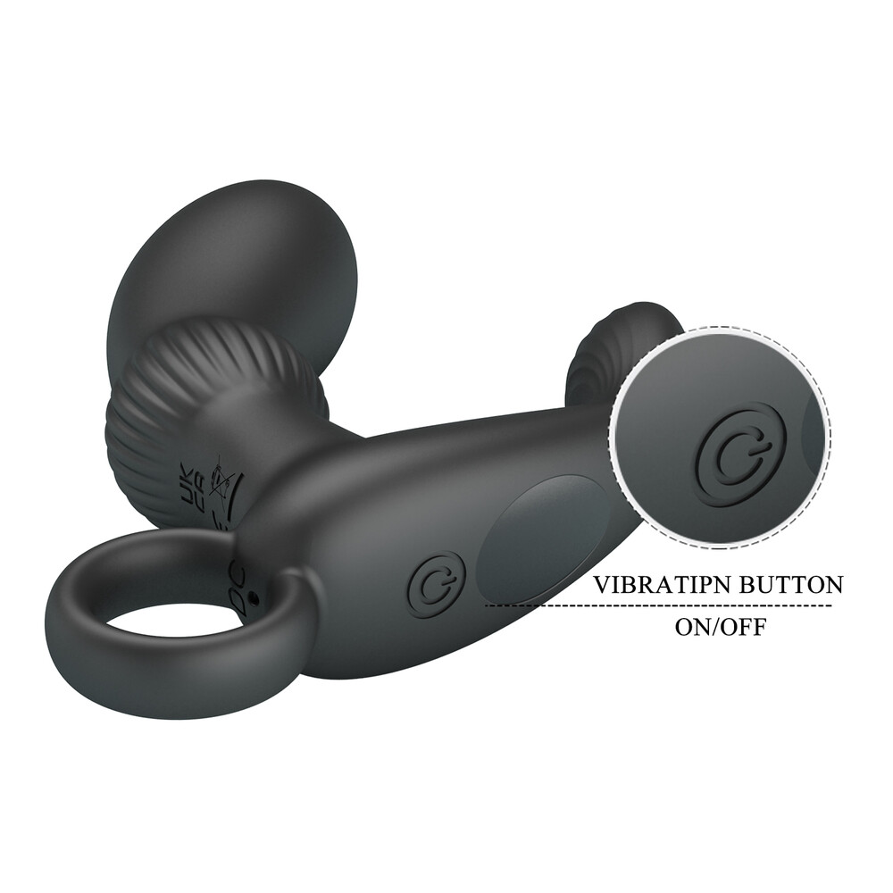 stimolatore prostatico in silicone nero ricurvo con rilievi perineali esterni ed impugnatura inferiore ad anello Cayla Pulse Orion test flessibilita asse