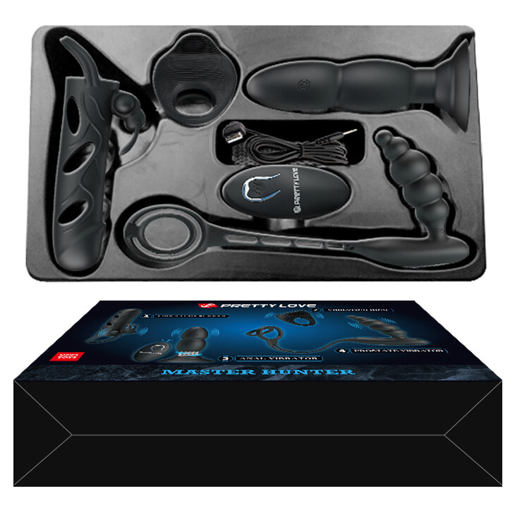 kit di vibratori per stimolazione anale e prostatica in silicone nero con quattro dispositivi inclusi anello fallico e mini bullet Master Hunter Loop dettaglio pulsanti on off