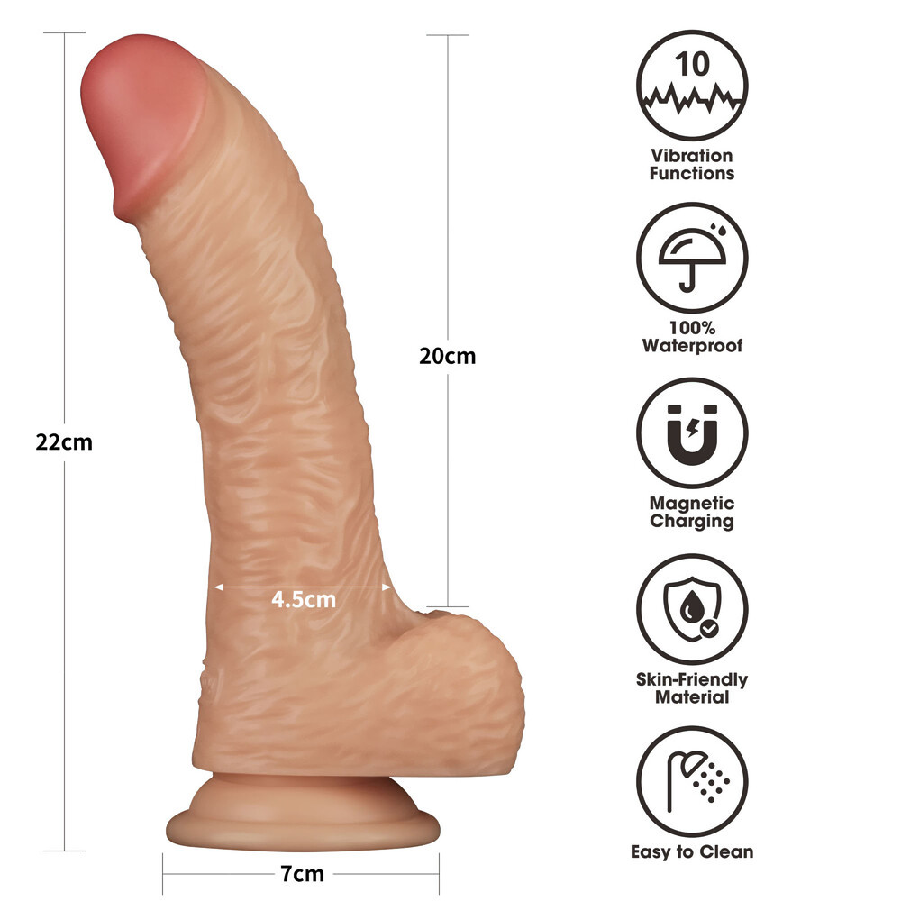 vibratore realistico color carne in pvc morbido flessibile ricurvo con testicoli potente ventosa alla base dieci frequenze e ricarica usb Real Delight Stratum inquadratura ambientata nella stanza
